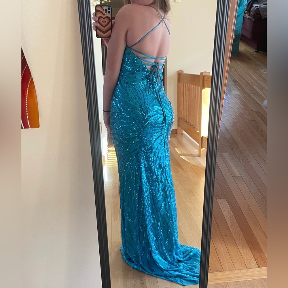 Lulus blue sequin prom dress v neck lace-up back NEVER WORN